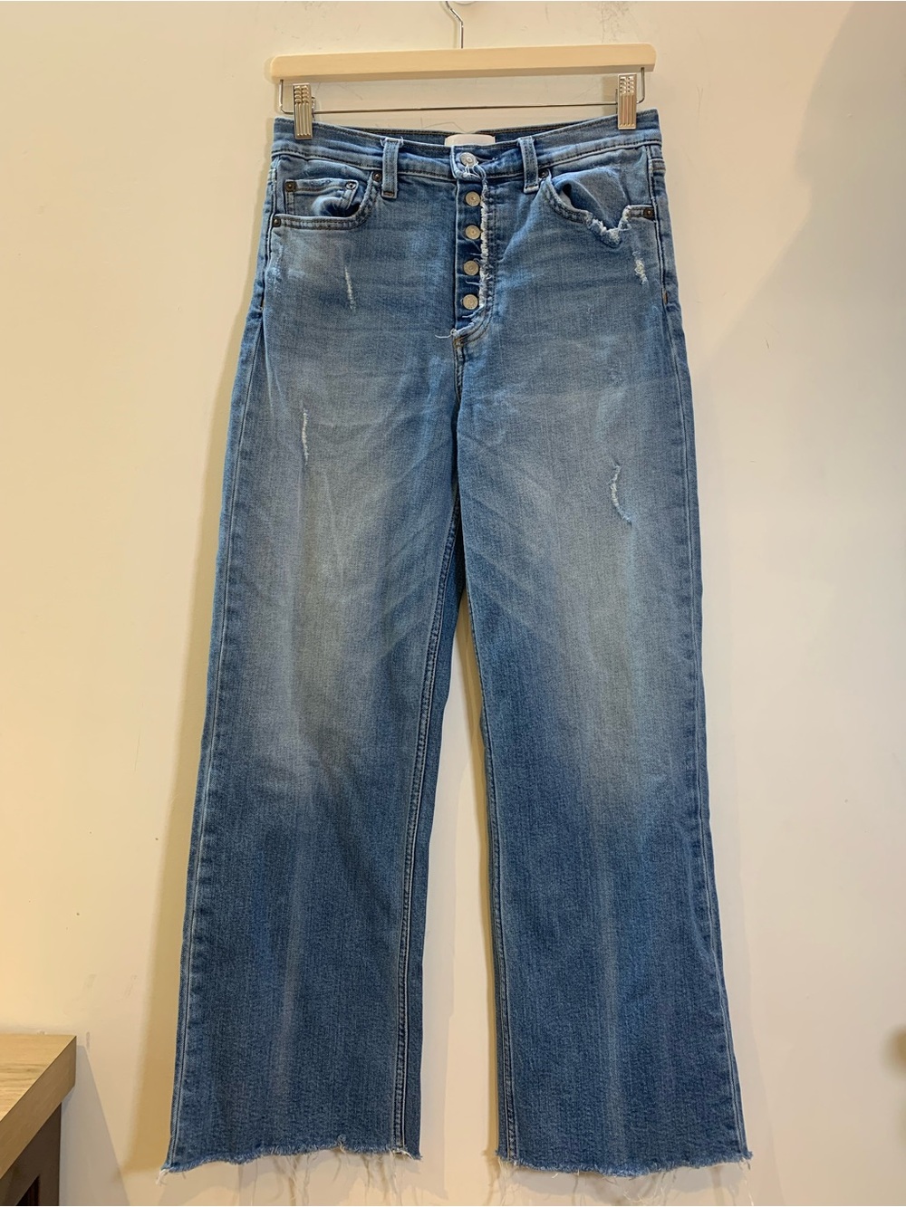 BOYISH The Mikey Wide Leg Jeans Button Fly Raw Hem Distressed 27